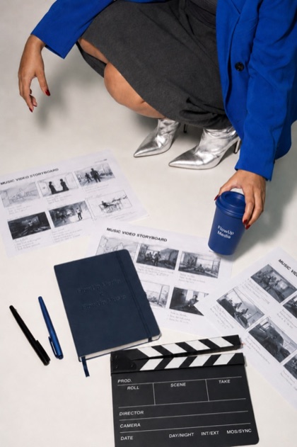 FlowUp Media notebook, storyboards and clapperboard on a pre-production table